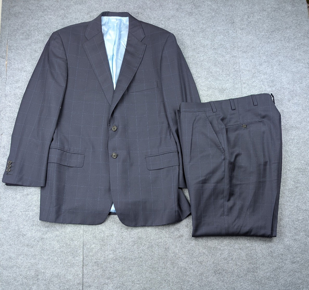Oxxford Clothes Suit Mens 42L Windowpane Blue Highest Quality Surgeon Cuff